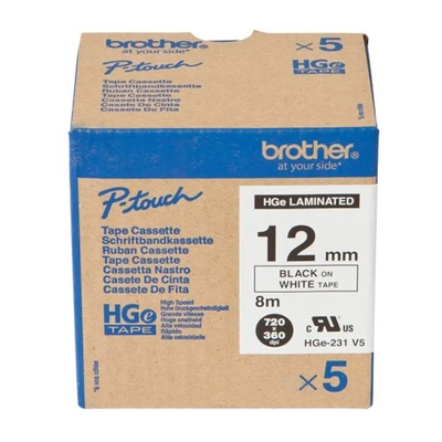 BROTHER - Brother HGe-231 5li Paket Beyaz Üzerine Siyah Orjinal Şerit 12mm x 8m - PTE100