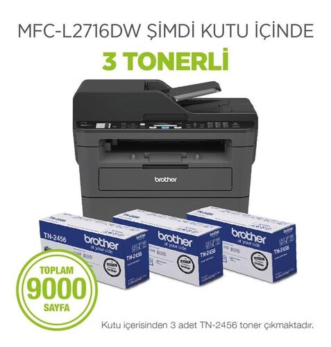 Brother MFC-L2716DW Photocopy + Scanner + Fax + Wi-Fi Laser Printer (3 Toners)