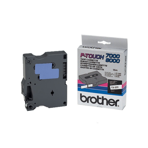 Brother TX-221 Black on White Labelling Tape 9mm x 15m - PT7000 / PT8000 - 1