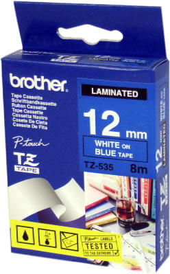 Brother TZ-535 Mavi Üzerine Beyaz Lamine Etiket 12 mm - GL-100 (T7338) - BROTHER