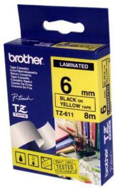  Brother TZ-611 (TZe-611) Black On Yellow 8 mm Label Ribbon - GL-100 - BROTHER