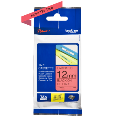 Brother TZe-431 (12mm) Kırmızı Üzerine Siyah Laminasyonlu Orjinal Etiket - PT1100 - BROTHER