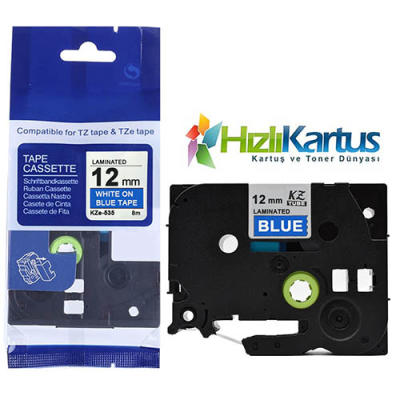 Brother TZE-535 Mavi Üzerine Beyaz Muadil Etiket Şeridi 12mm x 8m - PT-1280HK (T10748) - BROTHER