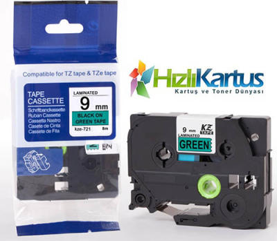 Brother TZE-721 Yeşil Üzerine Siyah Muadil Etiket Şeridi 9mm x 8m - GL-100 (T10751) - BROTHER