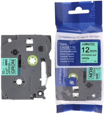 Brother TZe-731 Yeşil Üzerine Siyah Muadil Etiket Şeridi 12mm x 8m (T13425) - BROTHER