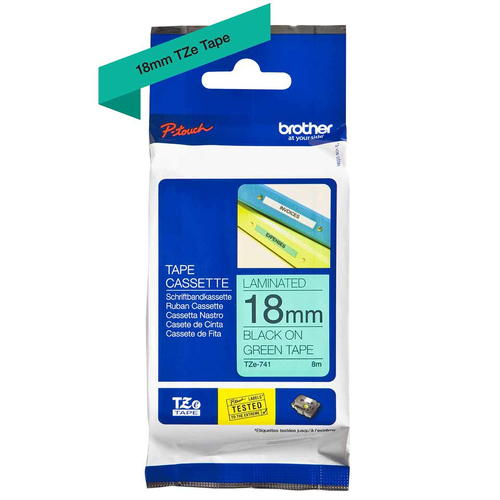 Brother TZE-741 Yeşil Üzerine Siyah Orjinal Etiket Şeridi 18mm x 8m - PT-1400 - 1