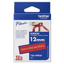 Brother TZe-RW34 Orjinal Kırmızı Üzerine Altın Rengi Şerit Bandı 12 mm x 4 mm - 1