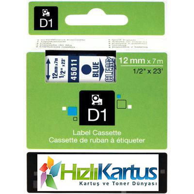 Dymo D1 45011 Şeffaf Üzerine Mavi Muadil Etiket Şeridi 12mm x 7m (T10778) - DYMO