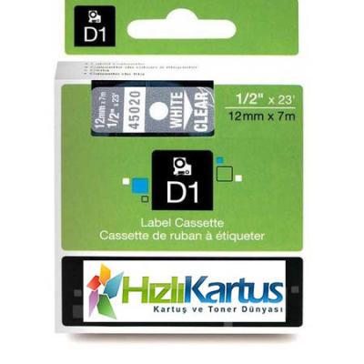 Dymo D1 45020 White on Transparent Compatible Label Ribbon 12mm x 7m - DYMO