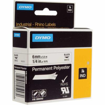 Dymo Rhino Pro 1805442 White Black Fixed Polyester Ribbon 6mm x 5.5mt - DYMO