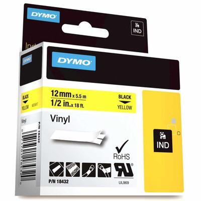 Dymo Rhinopro 18432 Yellow-Black 12mm x 5.5m Color Vinyl Strip - DYMO