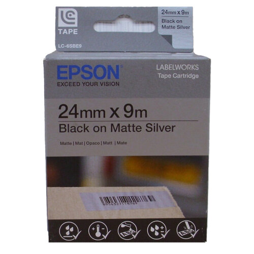 Epson LC-6SBE9 Siyah - Mat Gümüş Orjinal Etiket (24 mm x 9 m) - 1