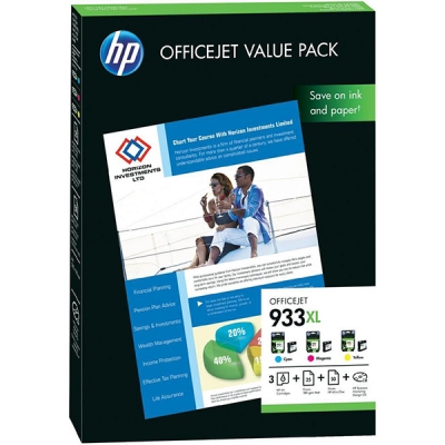 HP - HP CR711AE (933XL) 3lü Set Renkli Kartuş + 25 Adet 180 Gr A4 Mat Kağıt + 50 Adet A4 Kağıt - Officejet 6100 (T6612)