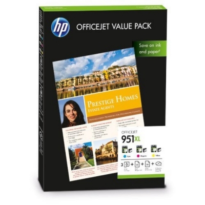 HP - HP CR712AE (951XL) 3lü Set Renkli Kartuş + 25 Adet A4 Mat Kağıt + 50 Adet A4 Kağıt (T6613)