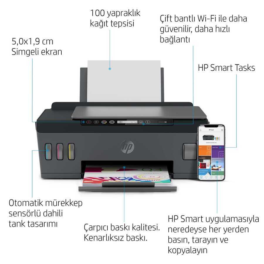 HP Smart Tank 515 + Fotokopi + Tarayıcı + Wifi + Airprint + Çok Fonksiyonlu  Tanklı Yazıcı 1TJ09A HP Yazıcı HP A Grade