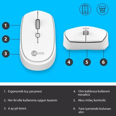 Lecoo WS202 Wireless 1200DPI 4 Button White Optical Mouse - Thumbnail