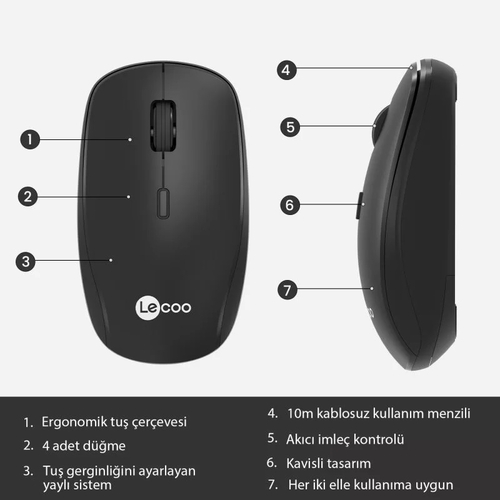 Lenovo Lecoo WS203 Kablosuz 2400DPI 4 Tuşlu Siyah Optik Mouse