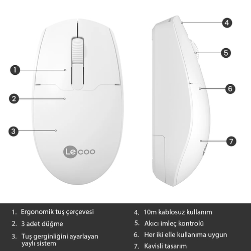 Lenovo Lecoo WS204 Kablosuz 1200DPI 3 Tuşlu Beyaz Optik Mouse