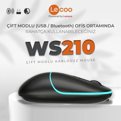 Lenovo Lecoo WS210 Wireless 1600DPI 6 Button Black Optical Mouse - Thumbnail