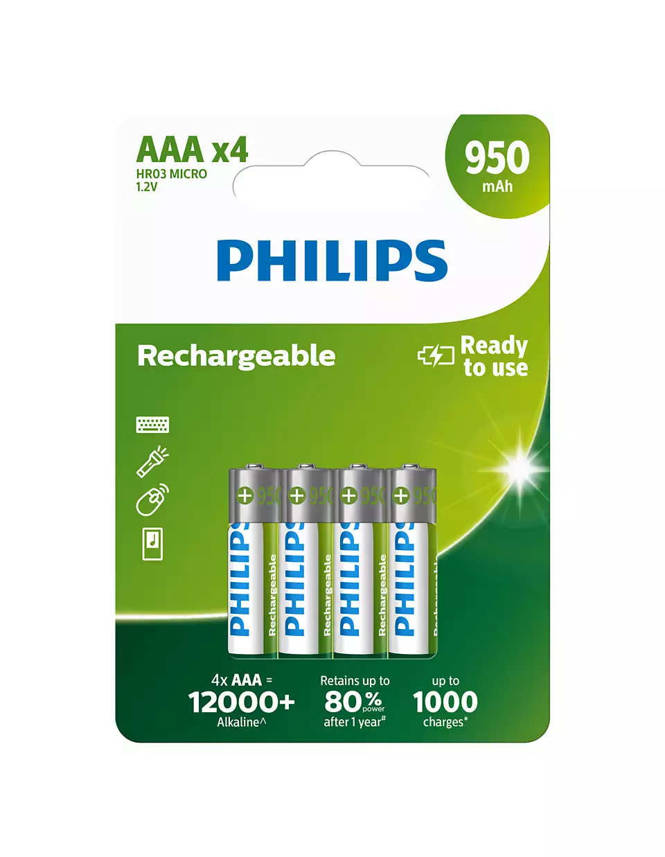 PHILIPS - Philips R03B4A95/10 Şarj Edilebilir İnce Pil AAA 950mAh