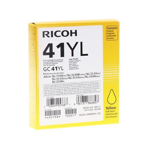 Ricoh GC41YL 405768 Geljet Yellow Original Cartridge - SG2100 / SG3110 / SG3100 